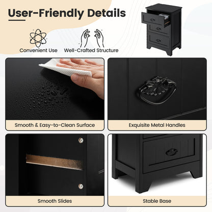 2 Pack Vintage 3-Tier Nightstand with Exquisite Metal Handles-Black