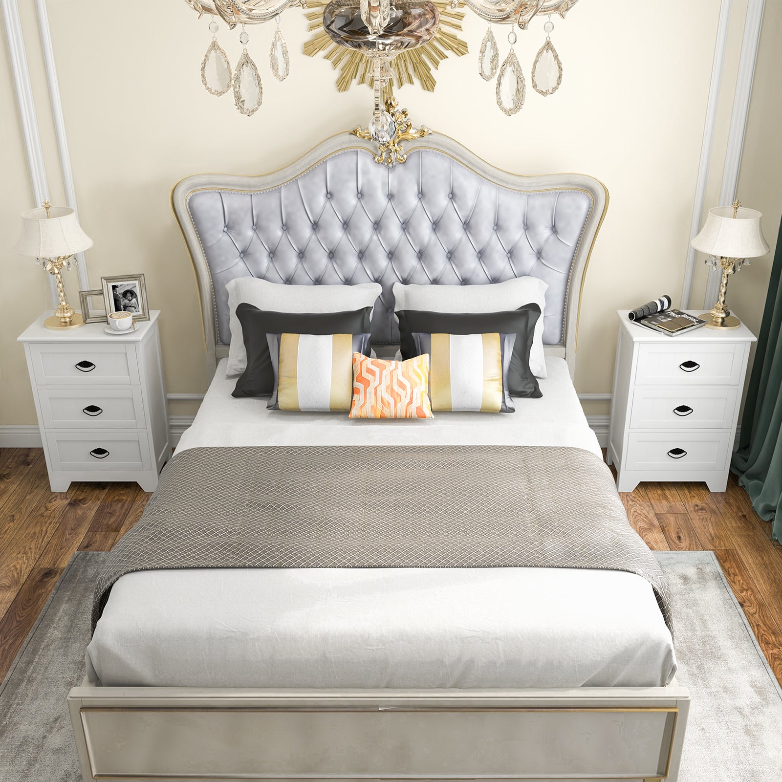 2 Pack Vintage 3-Tier Nightstand with Exquisite Metal Handles-White