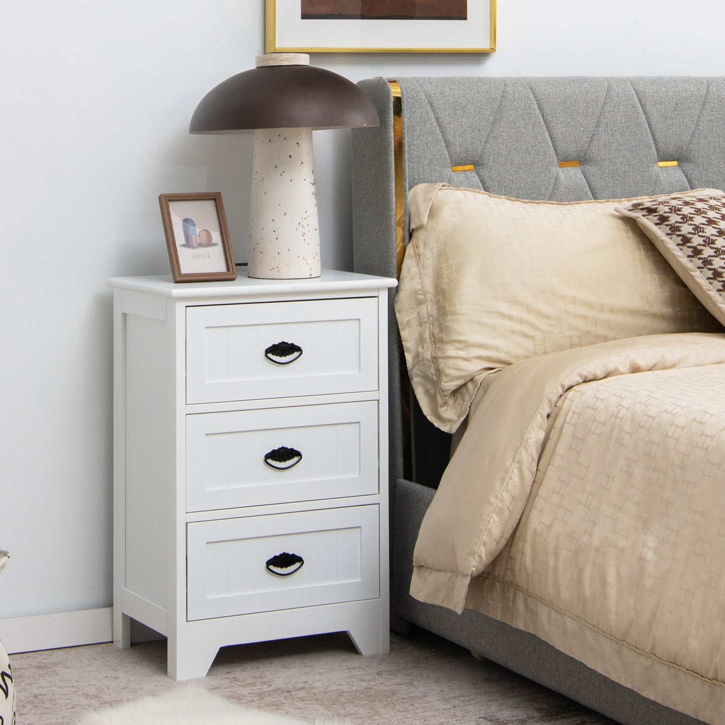 2 Pack Vintage 3-Tier Nightstand with Exquisite Metal Handles-White