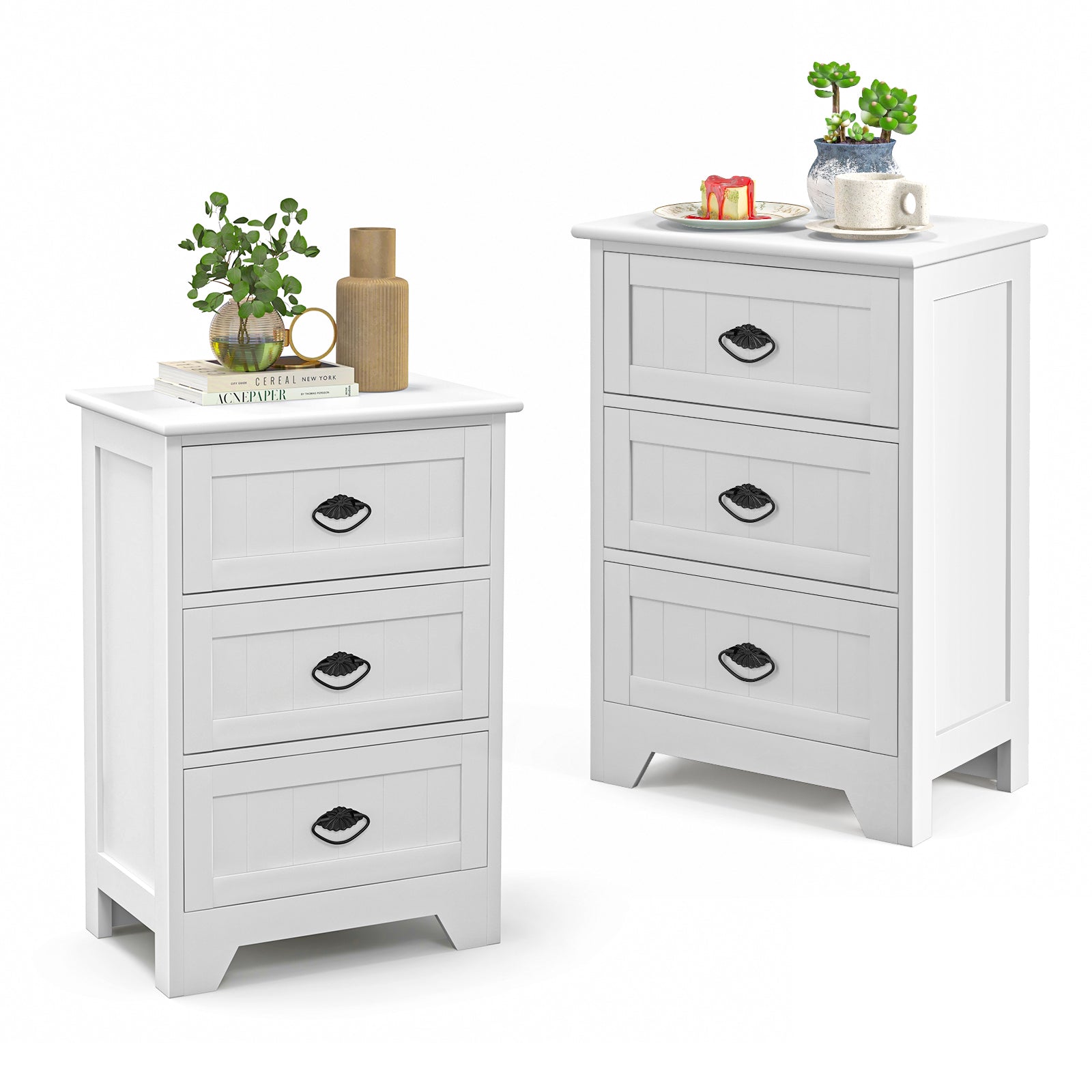 2 Pack Vintage 3-Tier Nightstand with Exquisite Metal Handles-White