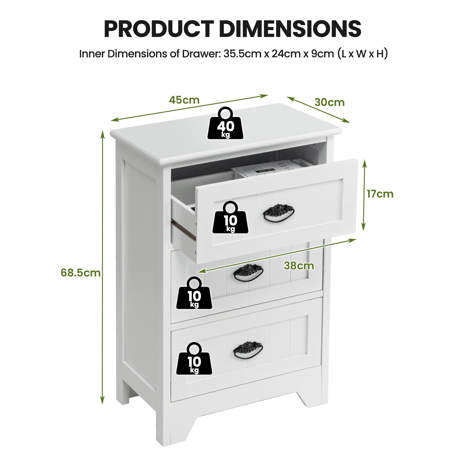 2 Pack Vintage 3-Tier Nightstand with Exquisite Metal Handles-White