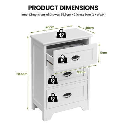 2 Pack Vintage 3-Tier Nightstand with Exquisite Metal Handles-White