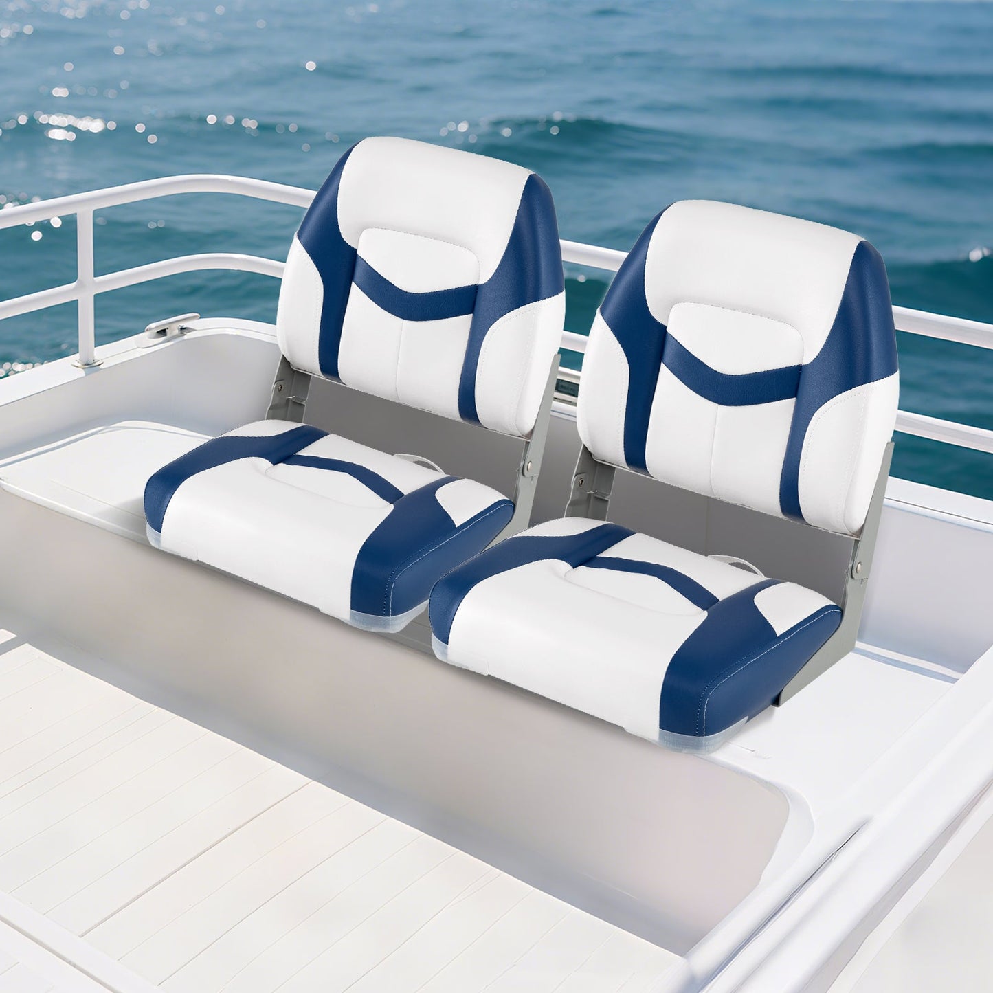 2-Pack Fold-down Low Back Boat Chairs with Waterproof PVC Leather and Thick Sponge Padding-Blue