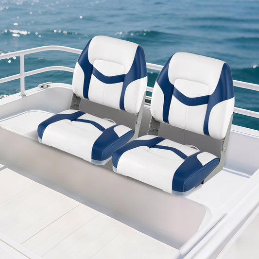 2-Pack Fold-down Low Back Boat Chairs with Waterproof PVC Leather and Thick Sponge Padding-Blue