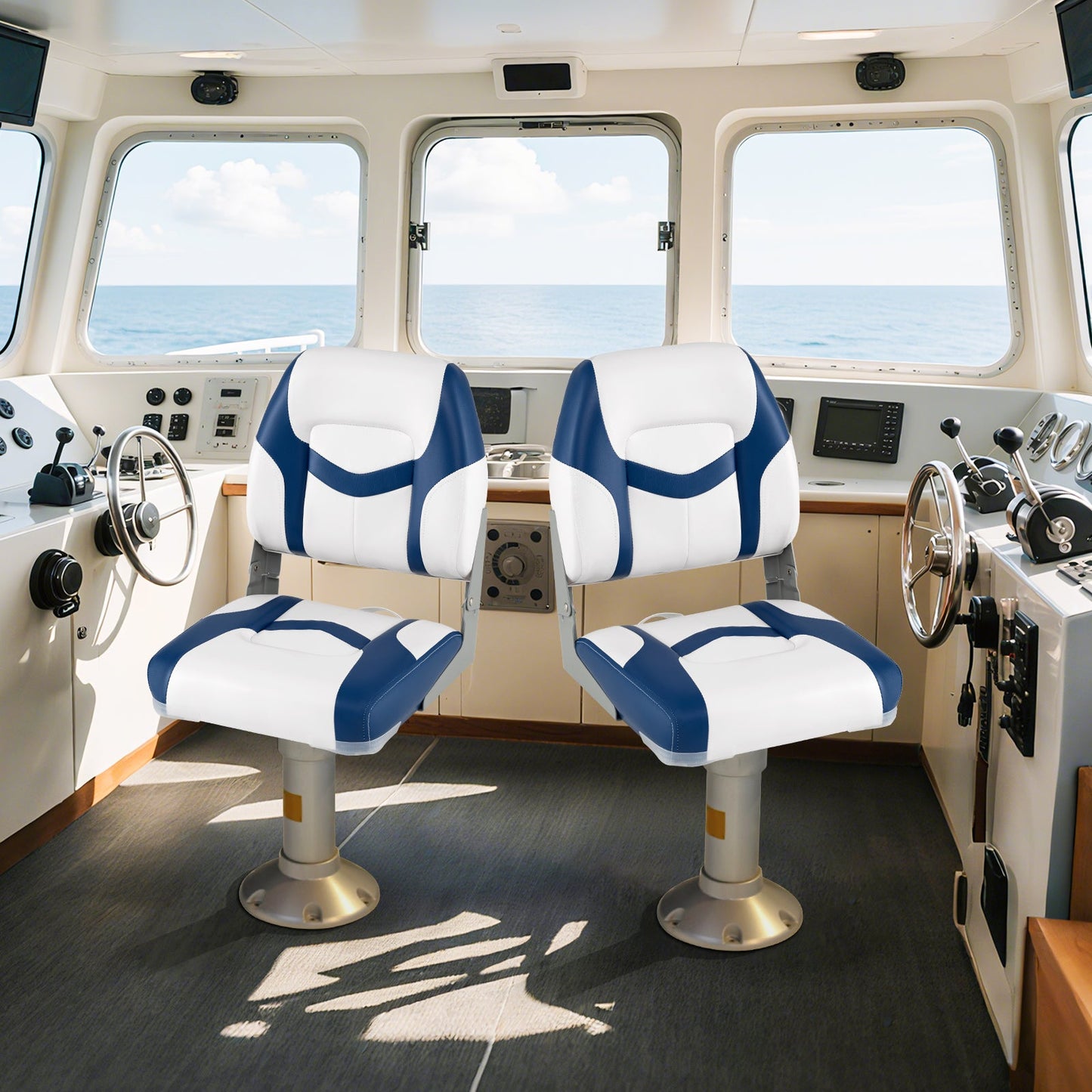 2-Pack Fold-down Low Back Boat Chairs with Waterproof PVC Leather and Thick Sponge Padding-Blue