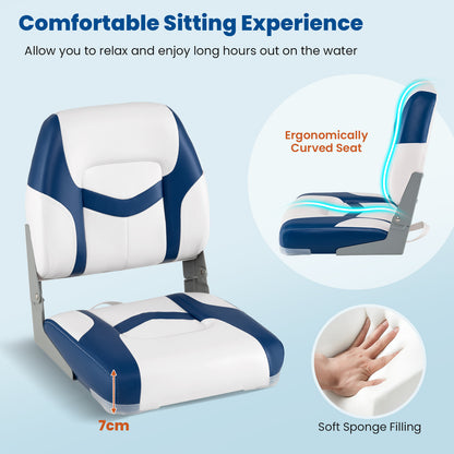 2-Pack Fold-down Low Back Boat Chairs with Waterproof PVC Leather and Thick Sponge Padding-Blue