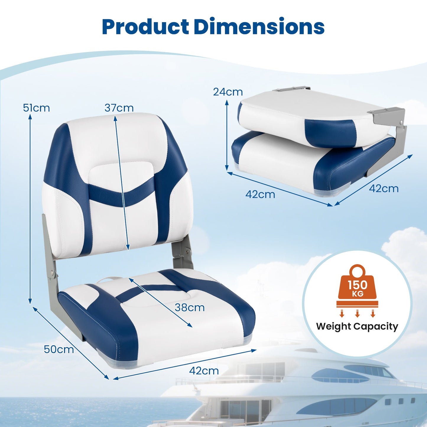 2-Pack Fold-down Low Back Boat Chairs with Waterproof PVC Leather and Thick Sponge Padding-Blue