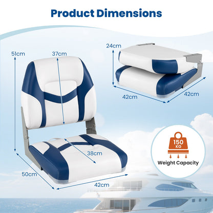 2-Pack Fold-down Low Back Boat Chairs with Waterproof PVC Leather and Thick Sponge Padding-Blue