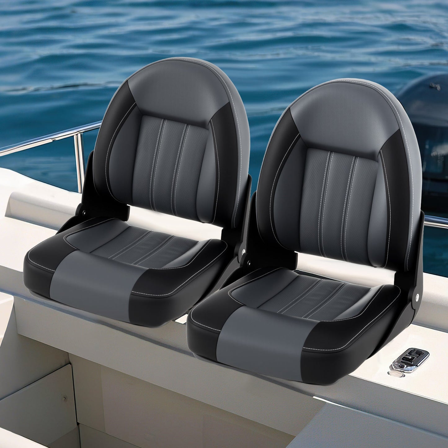 2-Pack Folding High Back Boat Seats with Waterproof PVC Leather and Thick Sponge Padding-Black