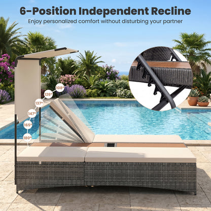 2-Person Rattan Sun Lounger with Canopy and Central Table-Beige