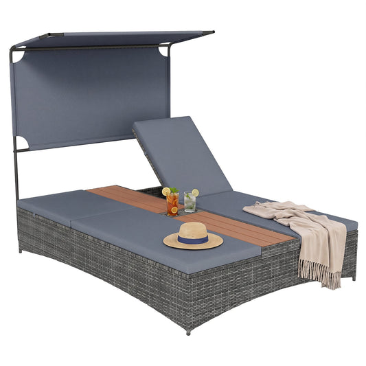 2-Person Rattan Sun Lounger with Canopy and Central Table-Grey