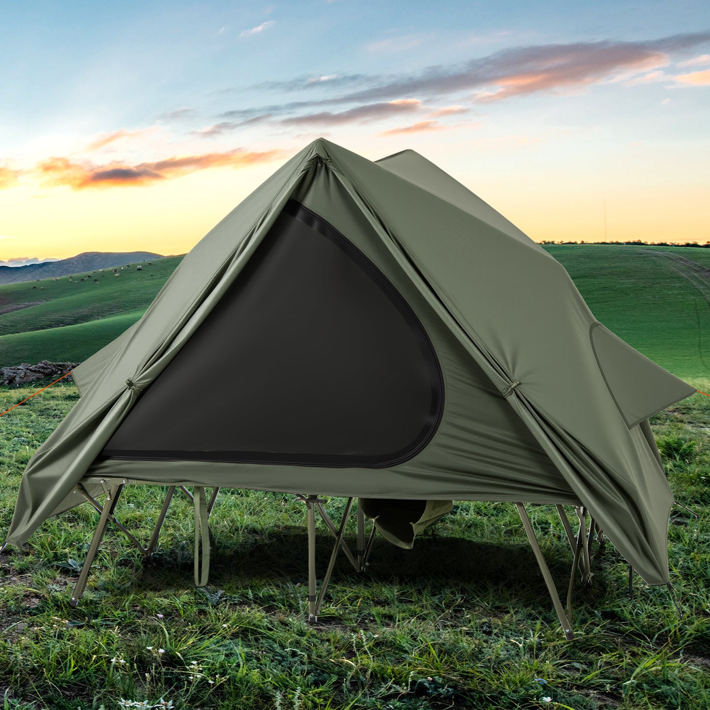 2-Person Foldable Off-Ground Camping Cot Tent with Wheeled Bag-Green