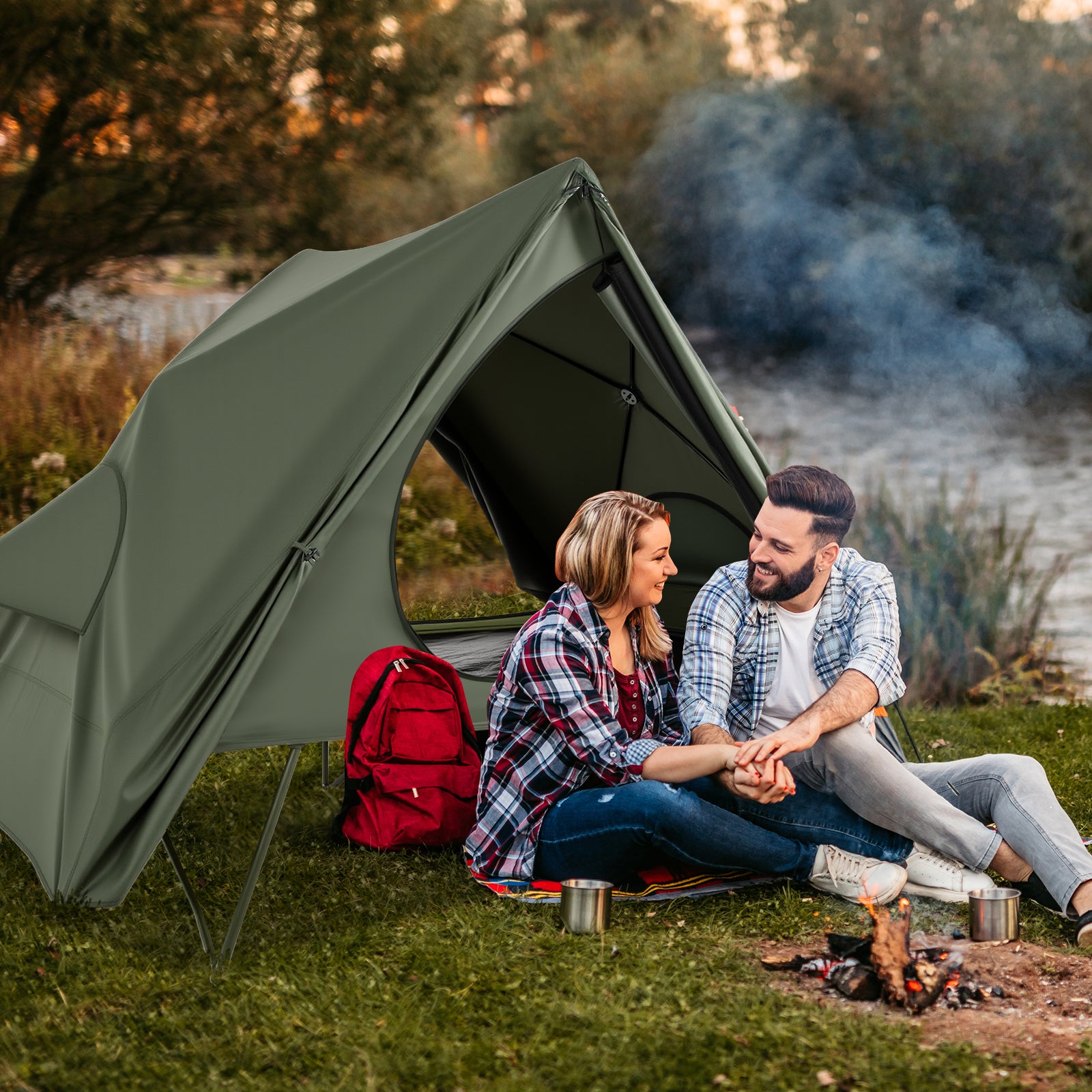 2-Person Foldable Off-Ground Camping Cot Tent with Wheeled Bag-Green