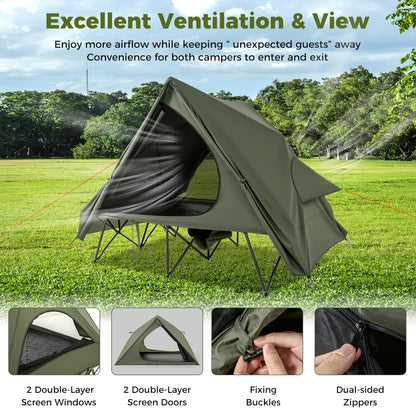 2-Person Foldable Off-Ground Camping Cot Tent with Wheeled Bag-Green