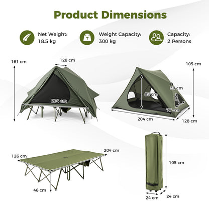 2-Person Foldable Off-Ground Camping Cot Tent with Wheeled Bag-Green