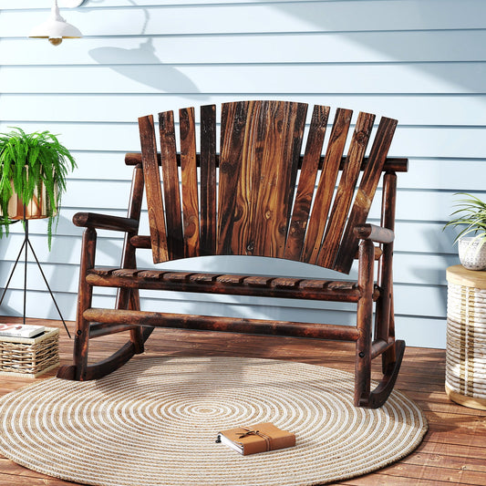 2-Person Outdoor Adirondack Rocking Chair with High Back and Slatted Seat-Brown