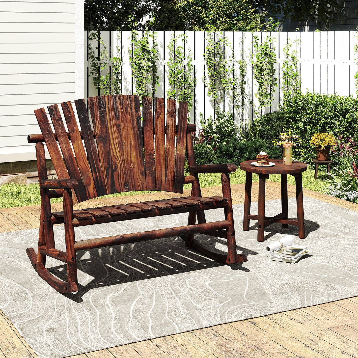 2-Person Outdoor Adirondack Rocking Chair with High Back and Slatted Seat-Brown