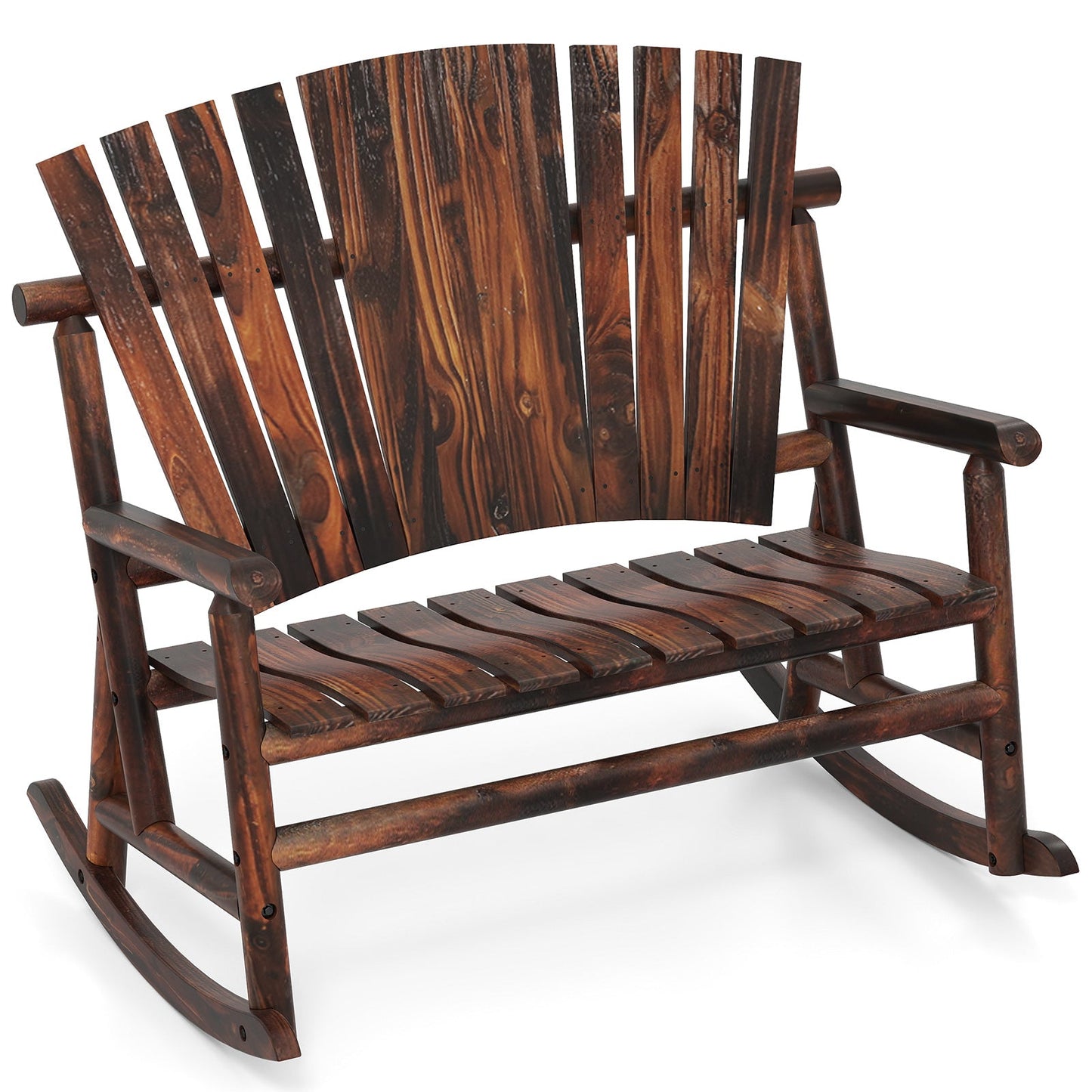 2-Person Outdoor Adirondack Rocking Chair with High Back and Slatted Seat-Brown