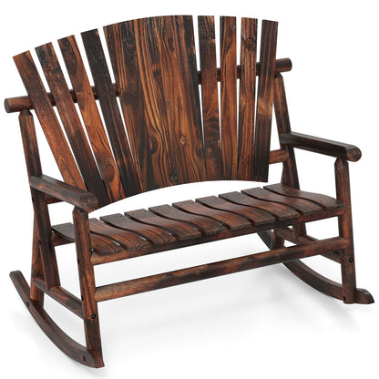 2-Person Outdoor Adirondack Rocking Chair with High Back and Slatted Seat-Brown