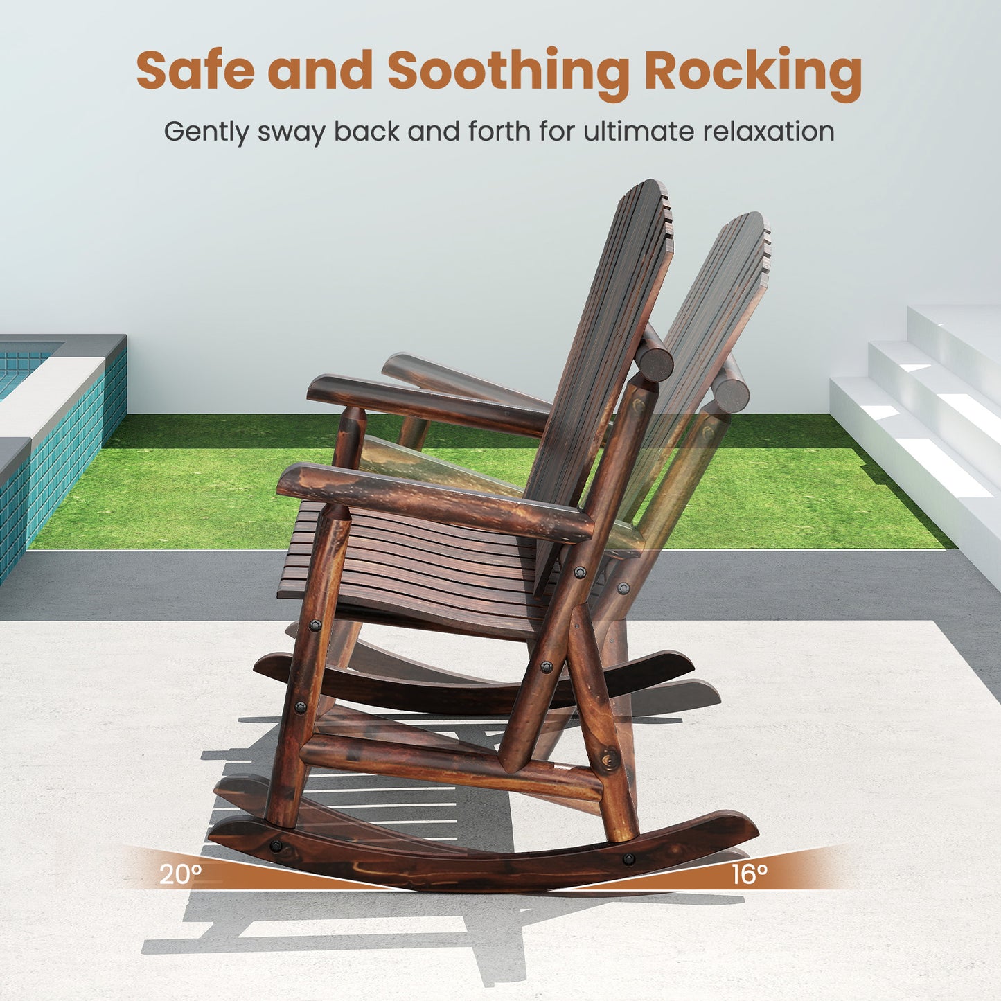 2-Person Outdoor Adirondack Rocking Chair with High Back and Slatted Seat-Brown