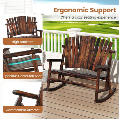 2-Person Outdoor Adirondack Rocking Chair with High Back and Slatted Seat-Brown