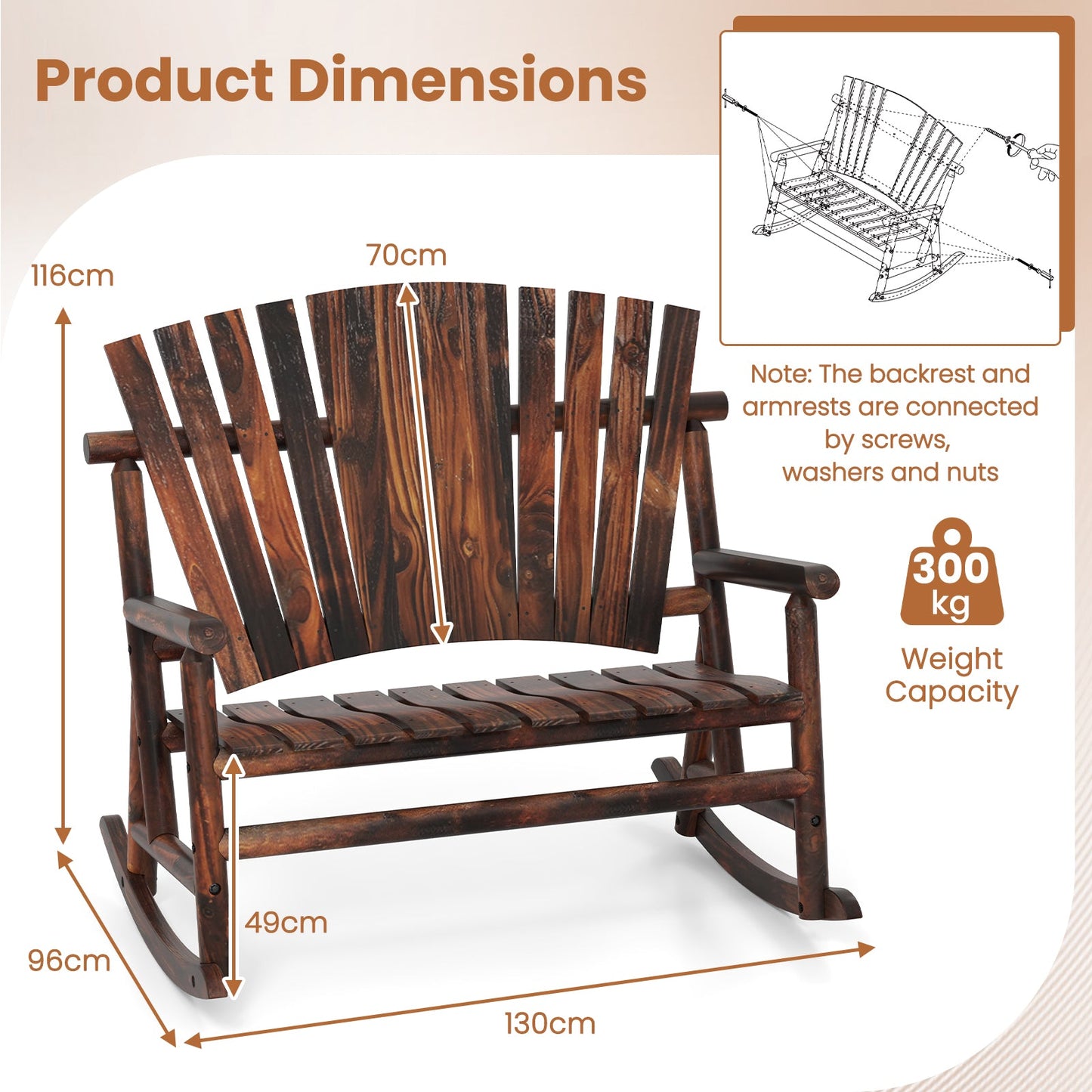 2-Person Outdoor Adirondack Rocking Chair with High Back and Slatted Seat-Brown