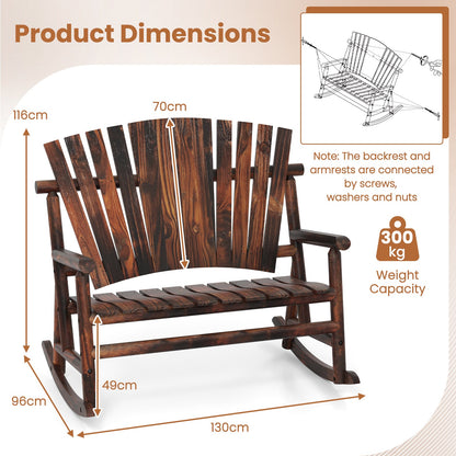 2-Person Outdoor Adirondack Rocking Chair with High Back and Slatted Seat-Brown