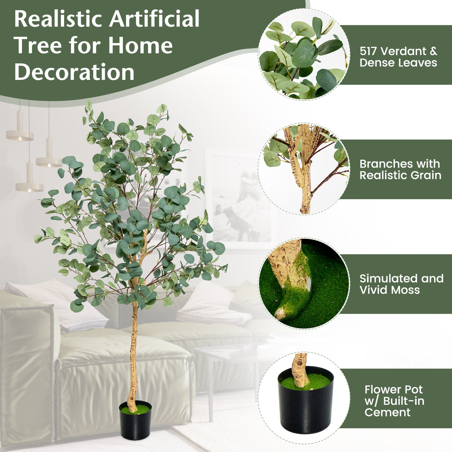 2-Piece 1.65 m Artificial Eucalyptus Tree with Silver Dollar Leaves