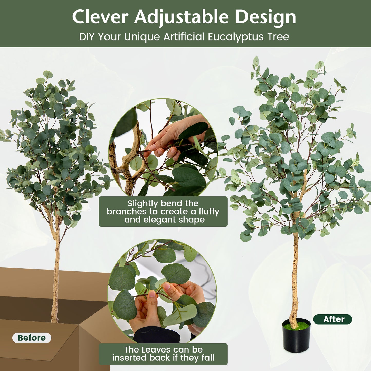 2-Piece 1.65 m Artificial Eucalyptus Tree with Silver Dollar Leaves