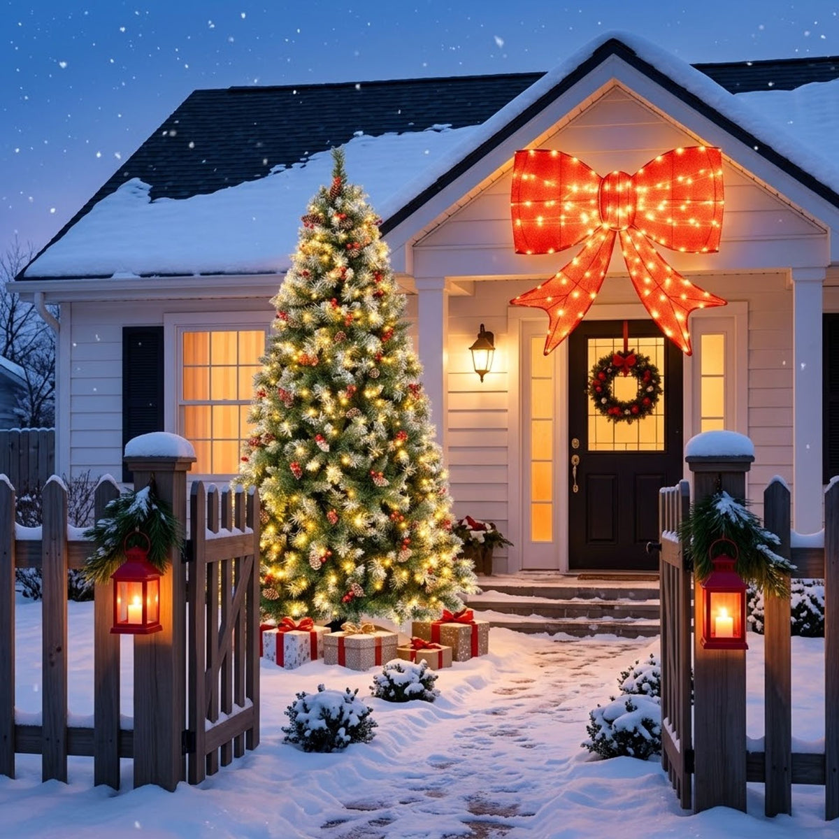 2-Piece Christmas Decoration Set: Pre-Lit Snowy Xmas Tree & 93cm Lighted Giant Bow, Festive Display for Lounges, Porches & Mantelpieces