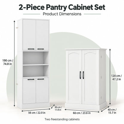 2-Piece White Kitchen Pantry Cabinet Set with Adjustable Shelves