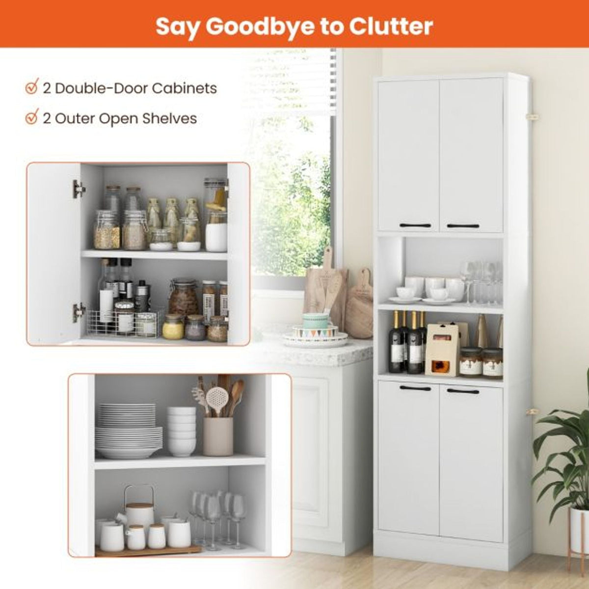 2-Piece White Kitchen Pantry Cabinet Set with Adjustable Shelves