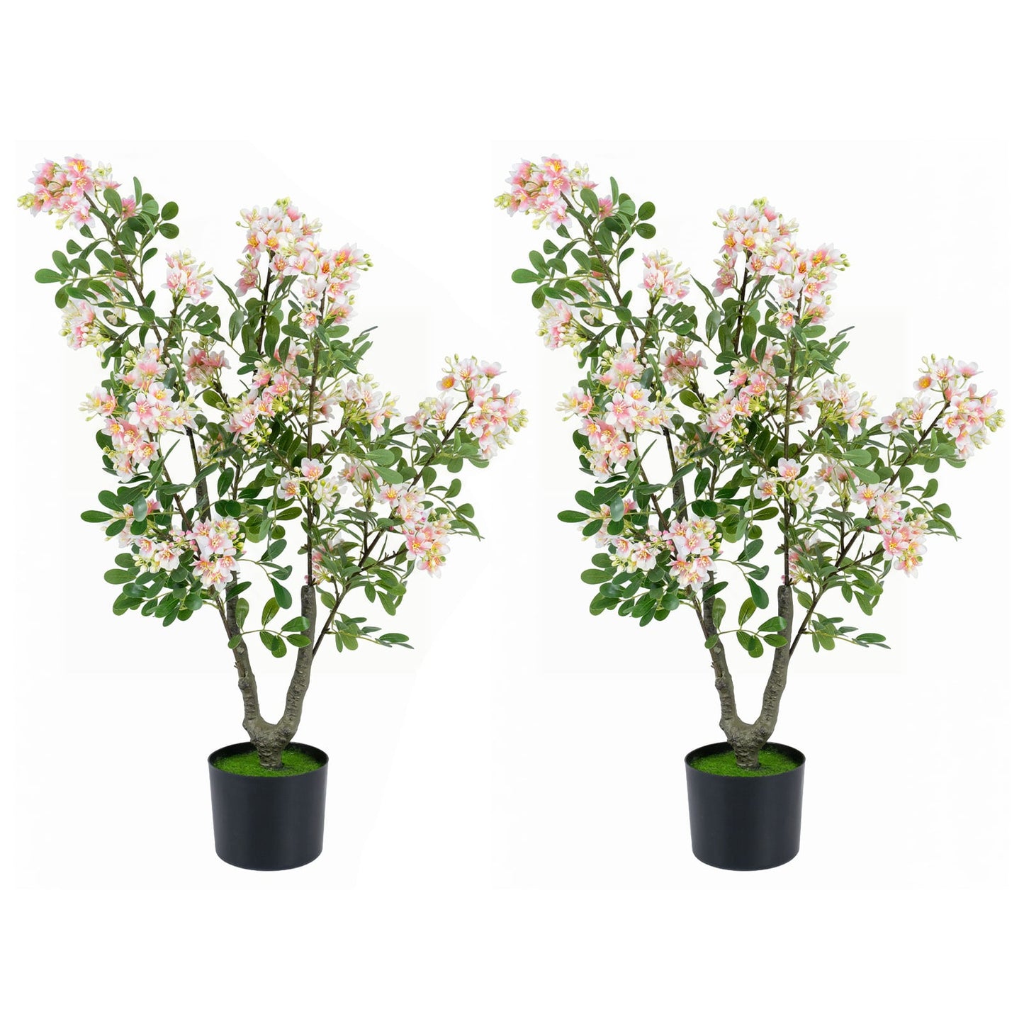 2 Pieces 90 CM Artificial Impatiens Blossom Tree Faux Pink Floral Plant in Cement-filled Pot-Pink