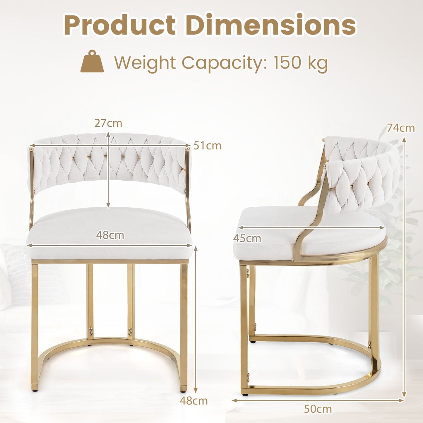 2 Pieces Velvet Dining Chairs with Curved Back and Metal Base-Beige