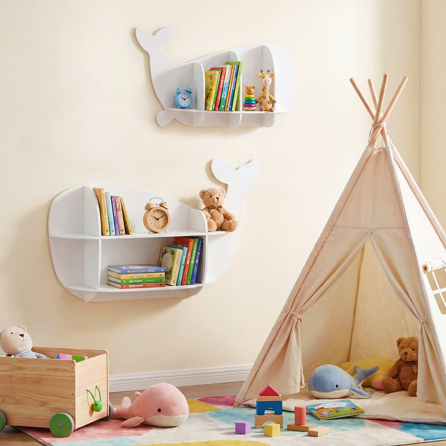 2 Pieces Whale Floating Shelves with Compartments for Kid's Room-White