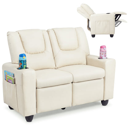 2-Seater Kids Recliner with Cup Holders & Storage Pockets and Adjustable Backrest-Beige
