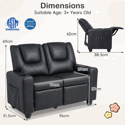 2-Seater Kids Recliner with Cup Holders & Storage Pockets and Adjustable Backrest-Black