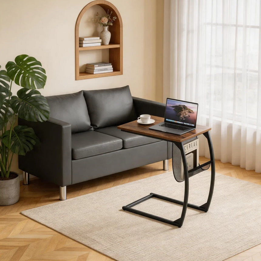 2-Seater PU Leather Accent Tub Sofa Loveseat with Pillows and C-Shaped Sofa Side Snack Table Set