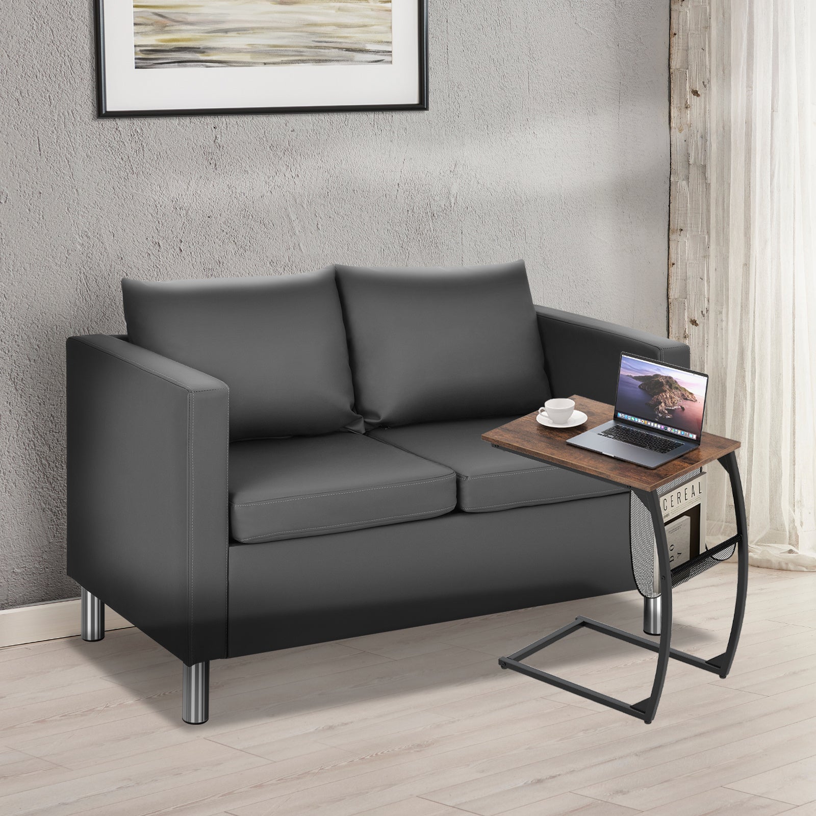 2-Seater PU Leather Accent Tub Sofa Loveseat with Pillows and C-Shaped Sofa Side Snack Table Set