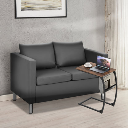 2-Seater PU Leather Accent Tub Sofa Loveseat with Pillows and C-Shaped Sofa Side Snack Table Set