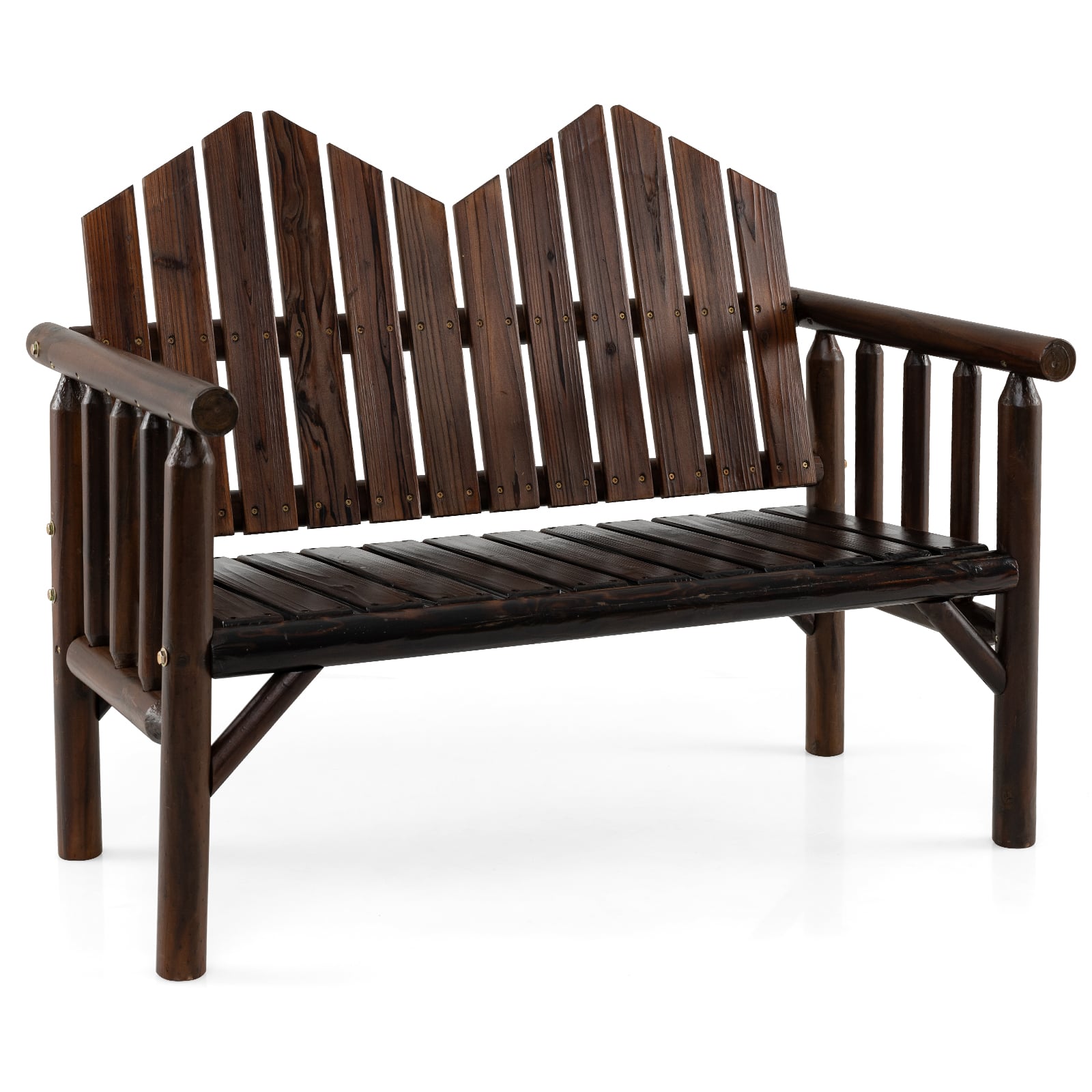 2-Seater Patio Bench Solid Wood Loveseat with Inclined Backrest and Armrests-Dark Brown