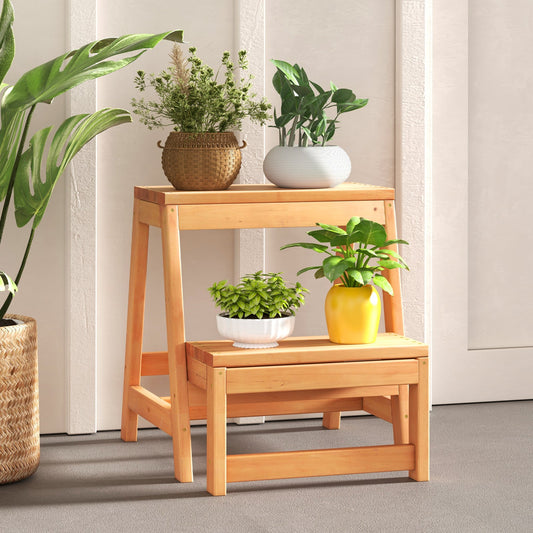 Multipurpose 2-Tier Folding Step Stool 2-Step Ladder Stool Wooden Plant Stand Storage Rack-Yellow