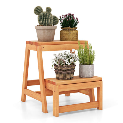 Multipurpose 2-Tier Folding Step Stool 2-Step Ladder Stool Wooden Plant Stand Storage Rack-Yellow