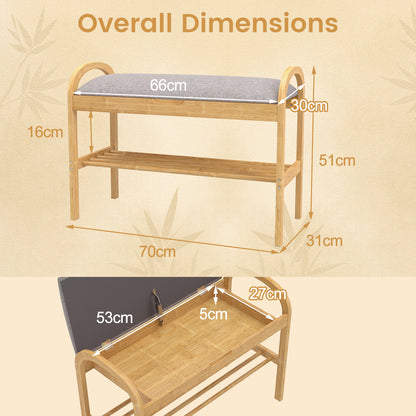 2-Tier Bamboo Shoe Bench with Storage with Padded Cushion and Shelf-Grey