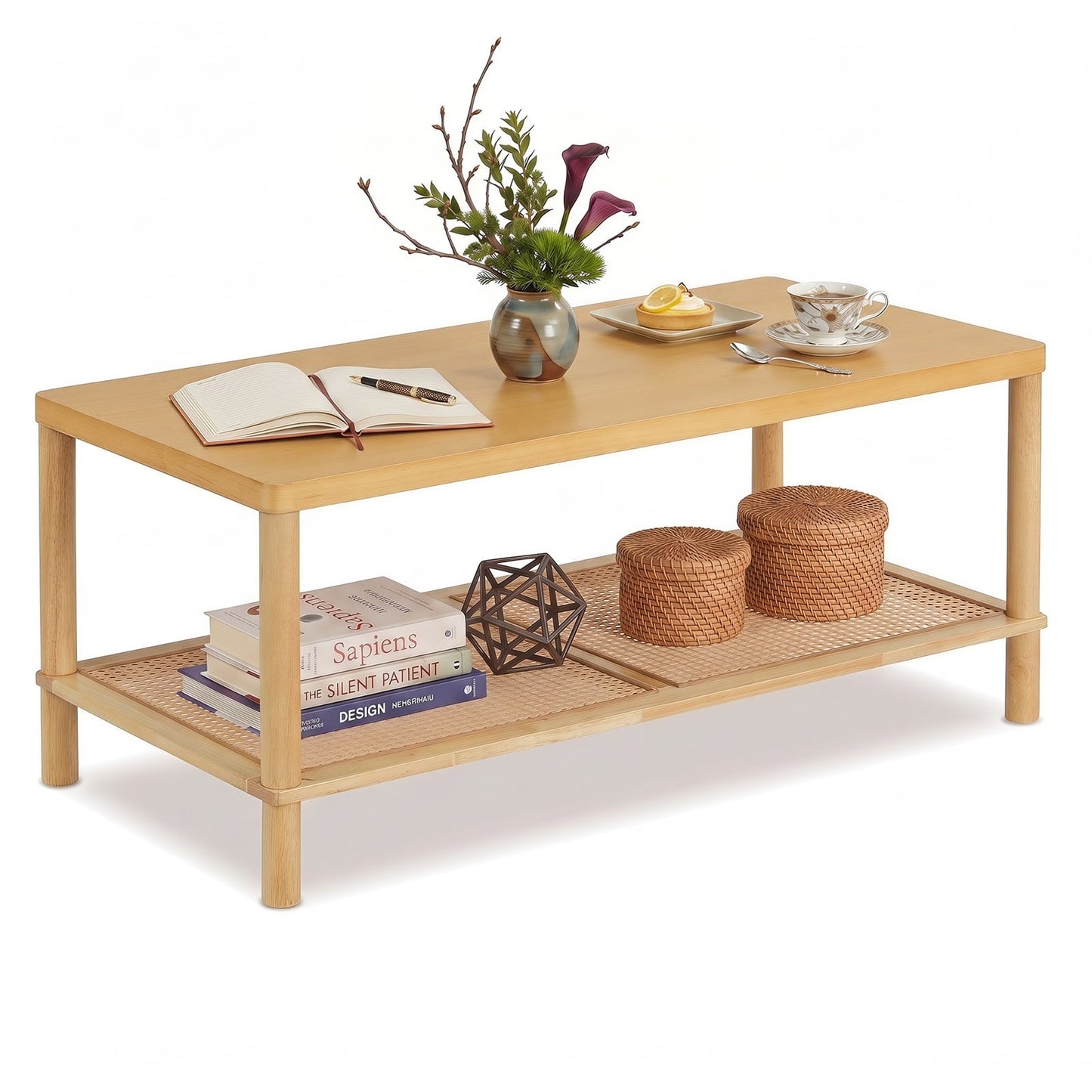 2-Tier Boho Coffee Table for Living Room Rectangular Center Table with Rubber Wood Frame-Natural