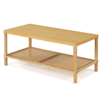 2-Tier Boho Coffee Table for Living Room Rectangular Center Table with Rubber Wood Frame-Natural