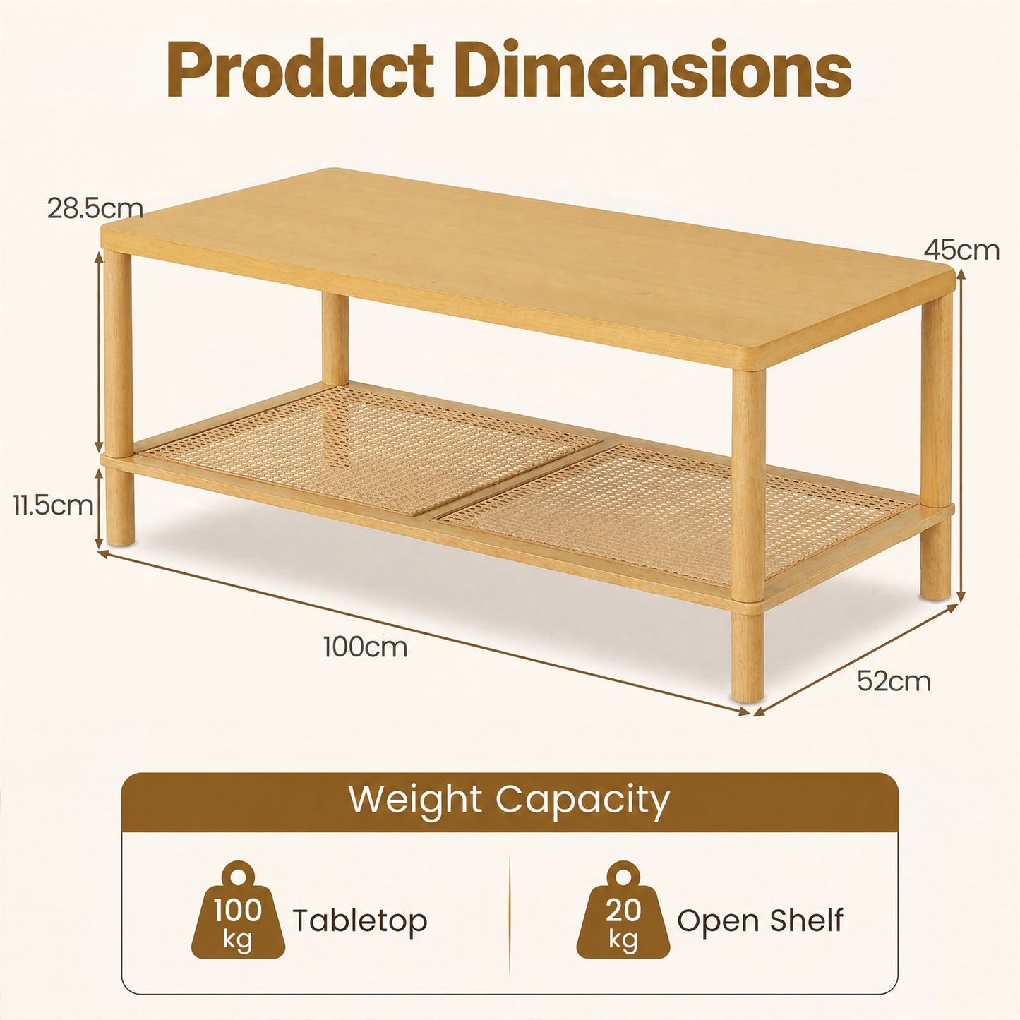 2-Tier Boho Coffee Table for Living Room Rectangular Center Table with Rubber Wood Frame-Natural