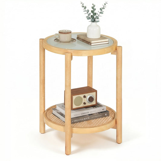 2-Tier Boho End Table with Tempered Glass Top for Living Room-Natural