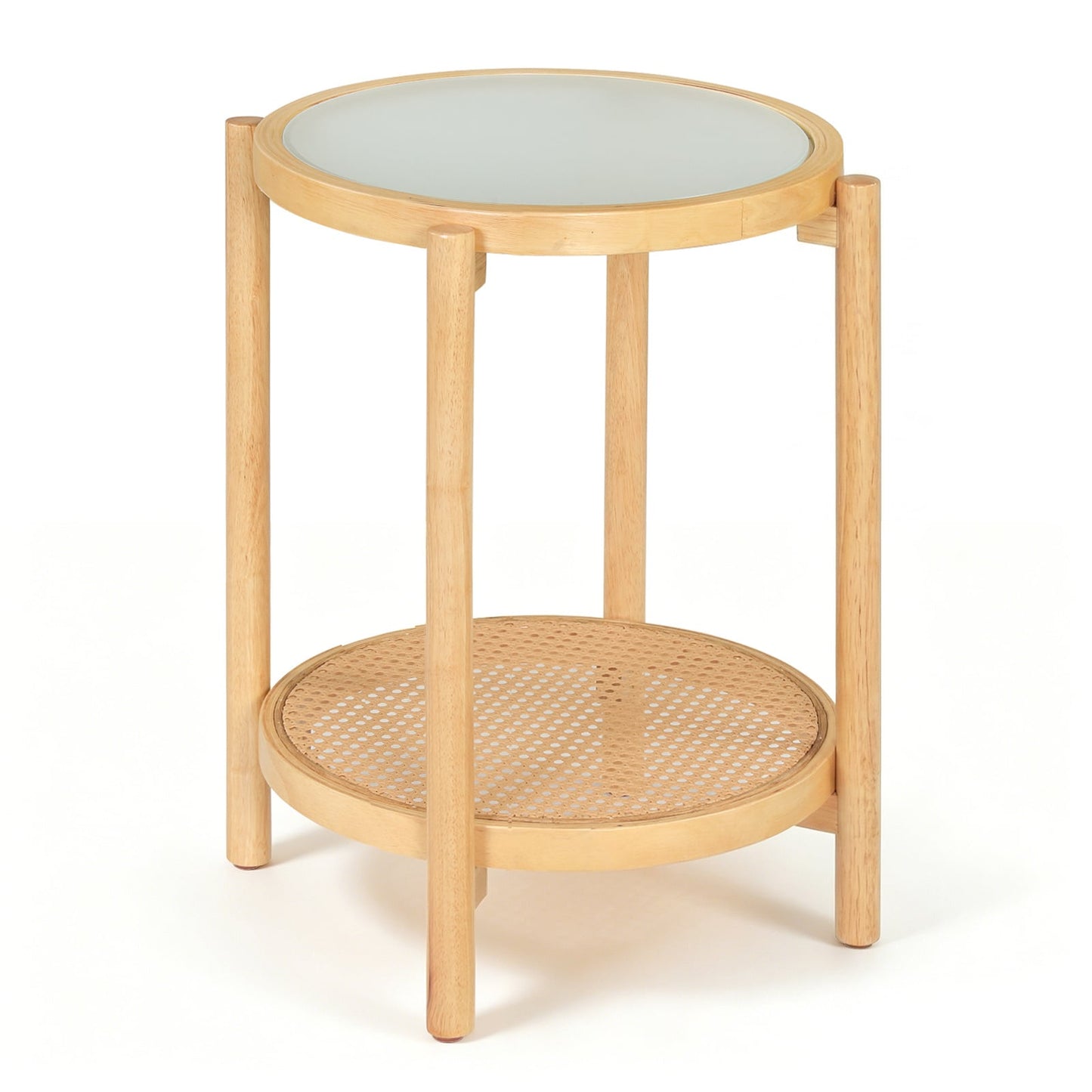 2-Tier Boho End Table with Tempered Glass Top for Living Room-Natural