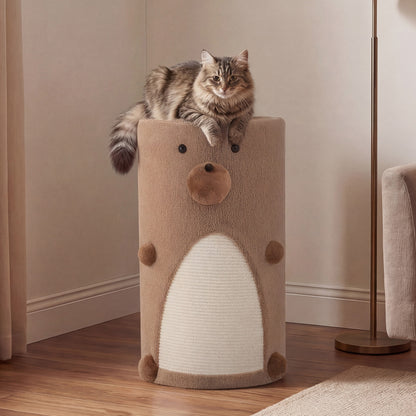 2-Tier Cat House for Indoor Cats with Sisal Scratching Mat Hideaway Cave and Bear Accents-Brown